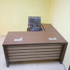 Executive L-Shaped Wooden Office Desk with Side Cabinet & High-Back Chair
