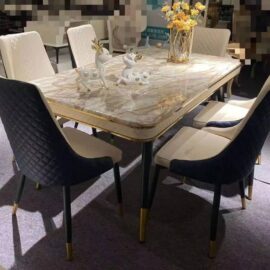 Opulent 6-Seater Faux Marble Dining Set with Velvet Chairs