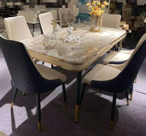 Opulent 6-Seater Faux Marble Dining Set with Velvet Chairs