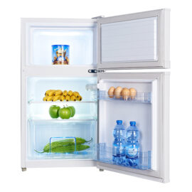 80L Double door refrigerator has large freezer compartment for longer freshness. Superfast cooling fridge performance.