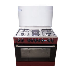 90x60cm Standing Cooker, 4 Gas 2 Elect Burners, High Grade S-Steel Top, Burgundy Body, Wide Finger Pot Stand, Oven & Grill, Oven Timer, Electric Ignite