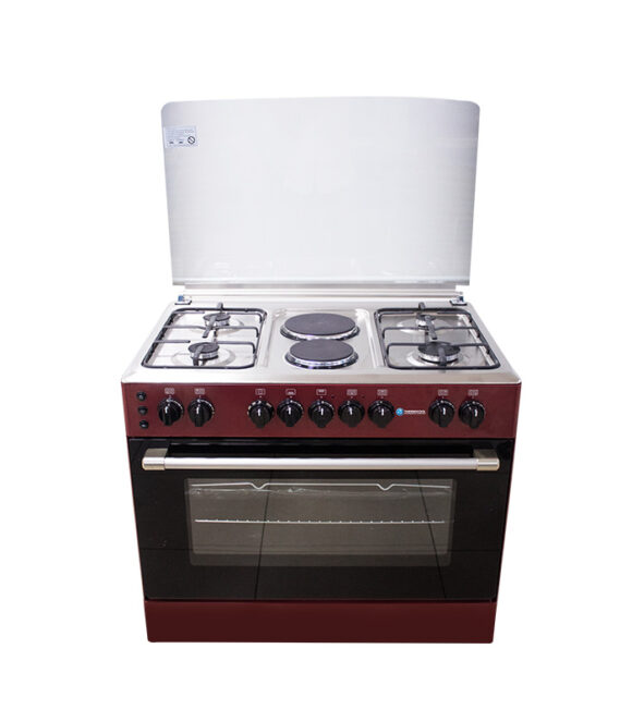 90x60cm Standing Cooker, 4 Gas 2 Elect Burners, High Grade S-Steel Top, Burgundy Body, Wide Finger Pot Stand, Oven & Grill, Oven Timer, Electric Ignite