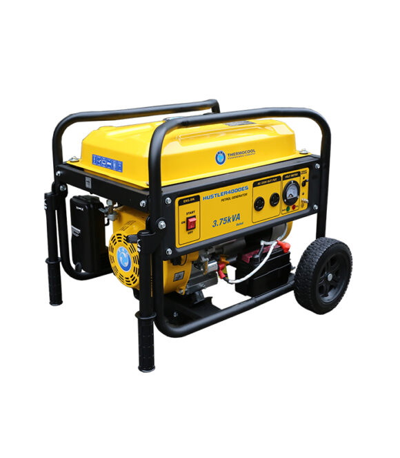Hustler 4000ES. 3.75kVA-3.0kW. Single phase petrol generator. 4 stroke, OHV, forced air cooled, electric start, 223cc single cylinder engine. E.g. lightings, TV, Fans, Fridge, small AC