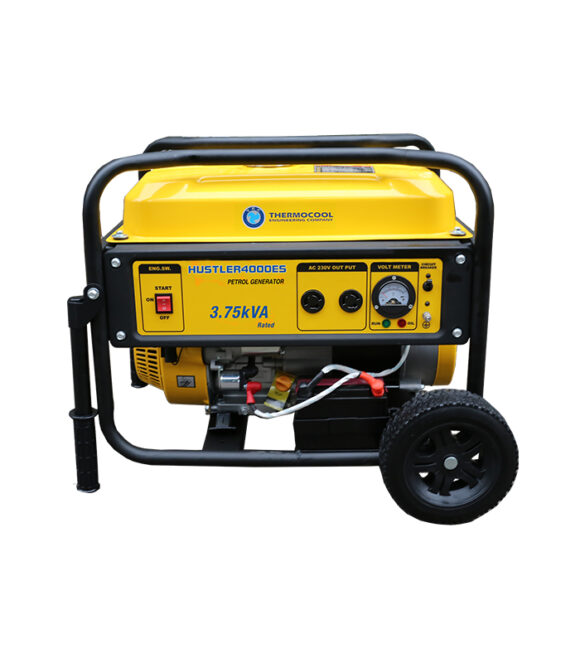 Hustler 4000ES. 3.75kVA-3.0kW. Single phase petrol generator. 4 stroke, OHV, forced air cooled, electric start, 223cc single cylinder engine. E.g. lightings, TV, Fans, Fridge, small AC