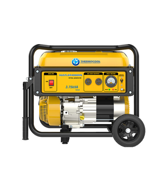 Hustler 4000MS. 3.75kVA-3.0kW. Single phase petrol generator. 4 stroke, OHV, forced air cooled, manual start, 223cc single cylinder engine. E.g. lightings, TV, Fans, Fridge, small AC